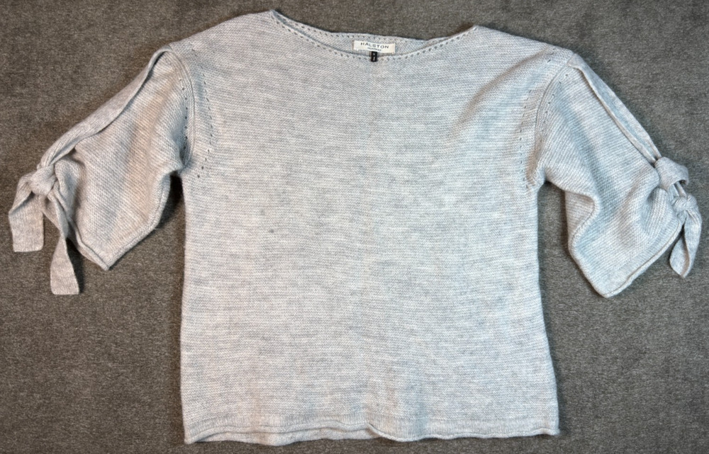 Halston Heritage Merino Wool Alpaca Knit Sweater S Gray Tie Sleeve Pullover